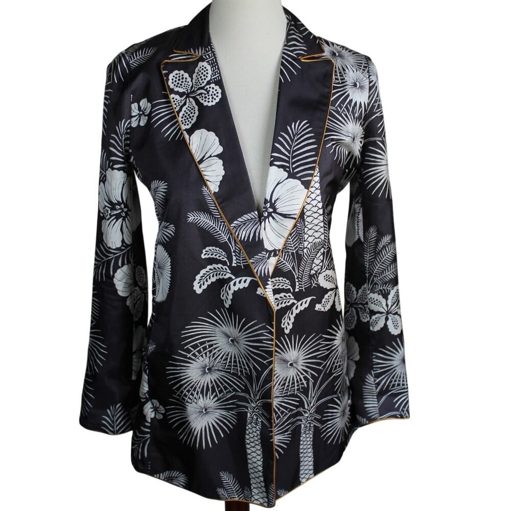 J Crew Silk Blazer Womens XXS 2XS Black Jacket Floral Resort Modern Preppy